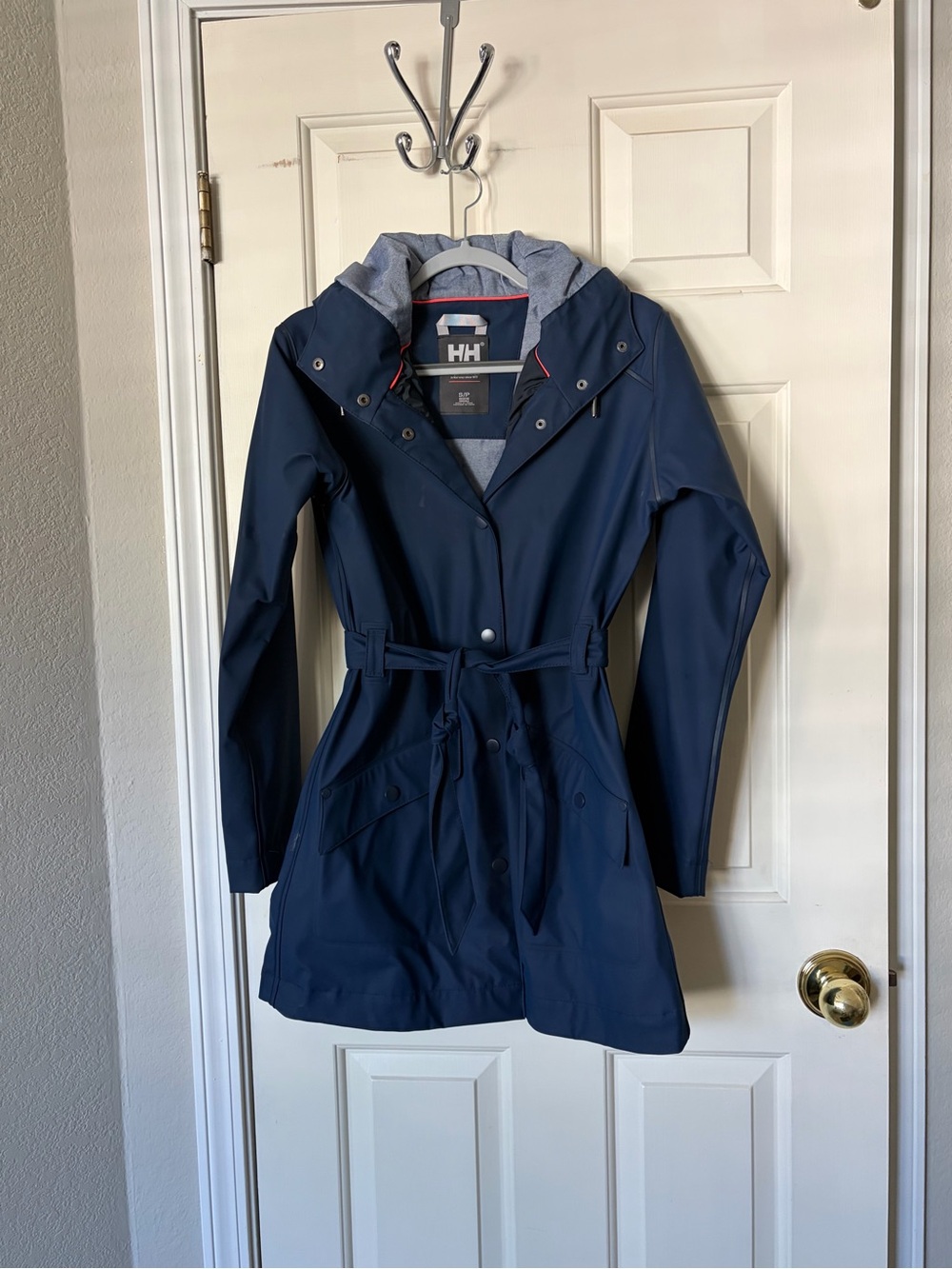 Helly Hansen Navy Water-Resistant Hooded Trench Coat with Tie Waist